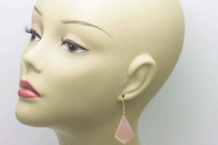 Pink Chalcedony Earrings Sterling Silver or 14k Solid Yellow Gold or Filled Faceted Pointed Triangle X Large Contemporary  2 Inch Drops