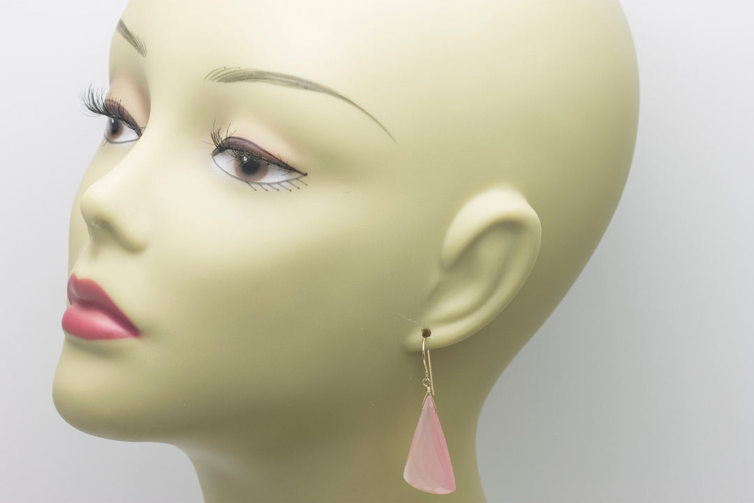 Pink Chalcedony Earrings Sterling Silver or 14k Solid Yellow Gold or Filled Faceted Pointed Triangle X Large Contemporary  2 Inch Drops
