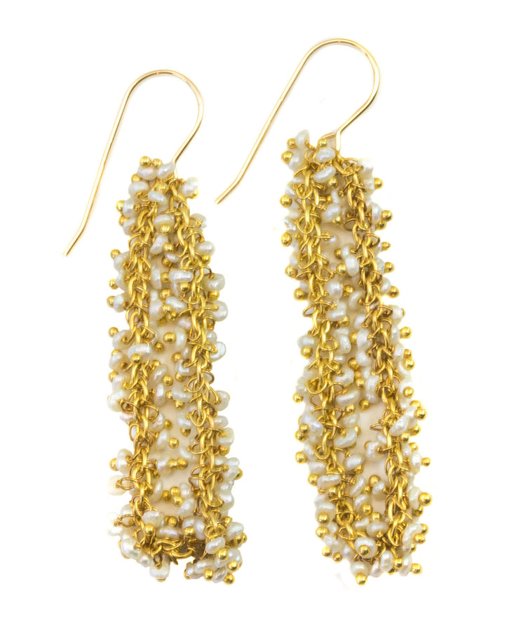 Seed Pearl Earrings  14k Solid Gold or Filled French Ear Wires White Dense Cluster Freshwater Drops 2 Inch Tiny Pearls Dangles