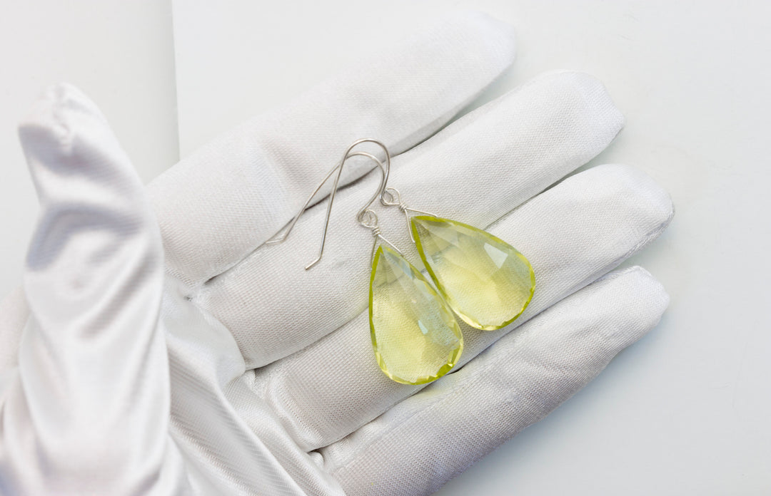 Lemon Yellow Quartz Earrings Large Wide Teardrop Faceted  Drop Sterling Silver or 14k Solid Yellow Gold or Rose Filled Simple Classic Dangle