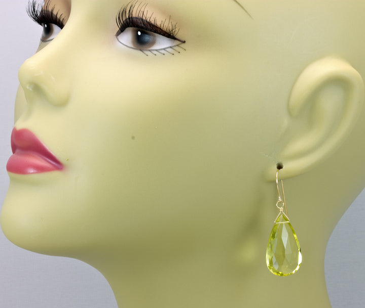 Lemon Yellow Quartz Earrings Large Wide Teardrop Faceted  Drop Sterling Silver or 14k Solid Yellow Gold or Rose Filled Simple Classic Dangle