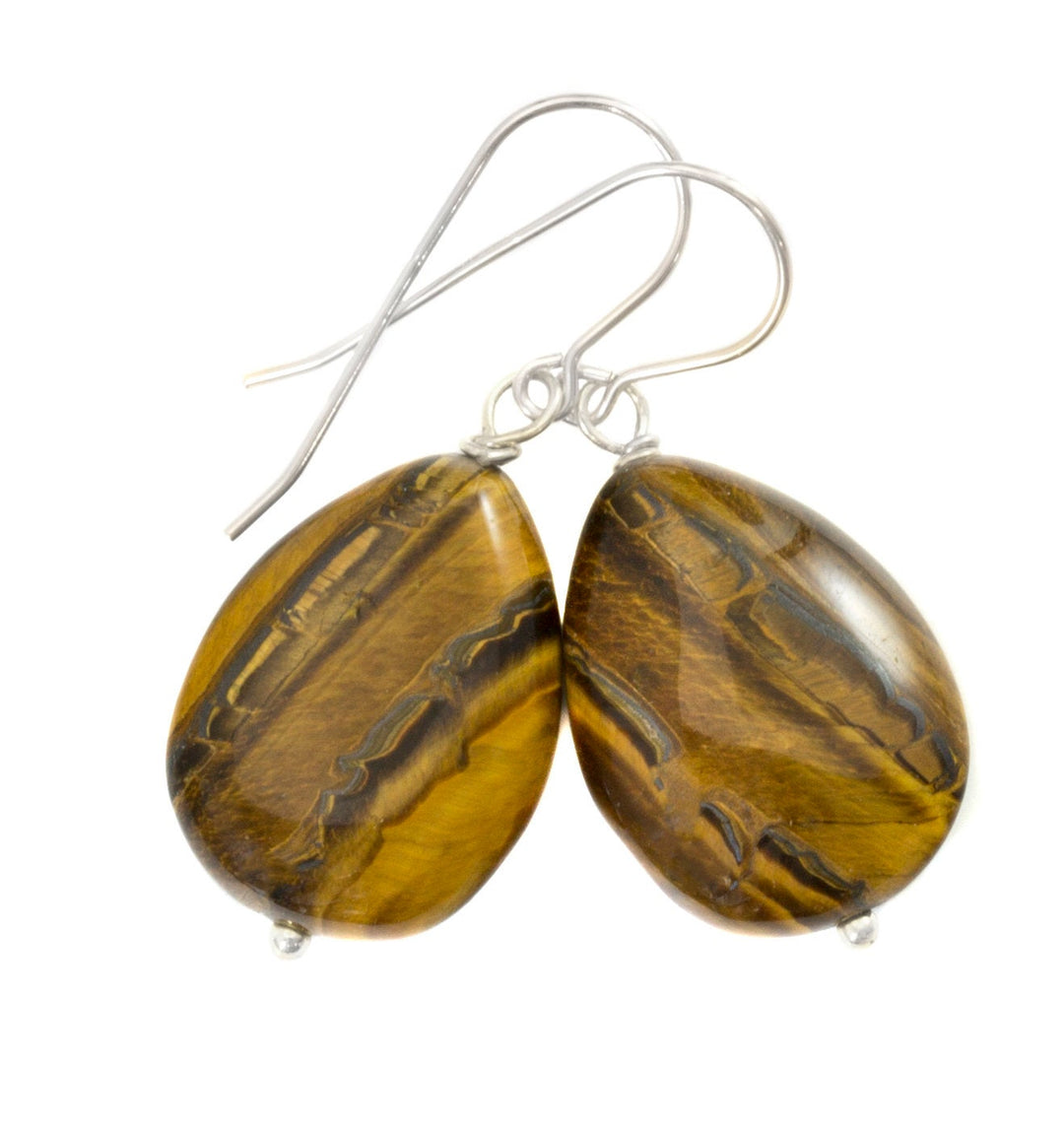 Tiger's Eye Earrings Smooth Large Teardrop dangle Sterling Silver or 14k Solid Yellow Gold or Filled Spyglass Designs Natural Tiger Eye
