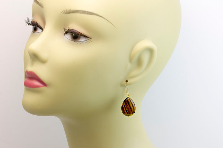 Tiger's Eye Earrings Smooth Large Teardrop dangle Sterling Silver or 14k Solid Yellow Gold or Filled Spyglass Designs Natural Tiger Eye