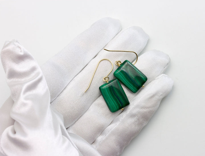Malachite Earrings Green rectangle shaped smooth Natural Dangle Drops Sterling Silver or 14k Solid Yellow Gold or Filled simple design