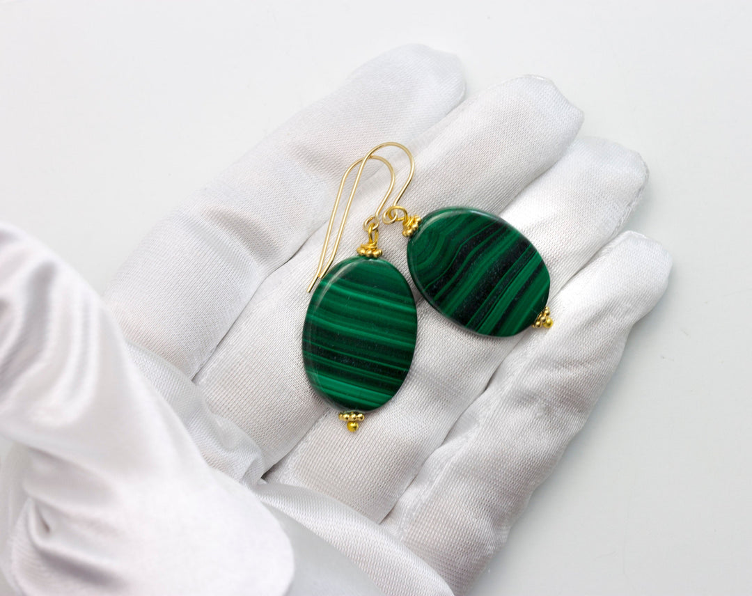 Malachite Earrings Green large oval smooth Natural Dangle Drops Sterling Silver or 14k Solid Yellow Gold or Filled simple design