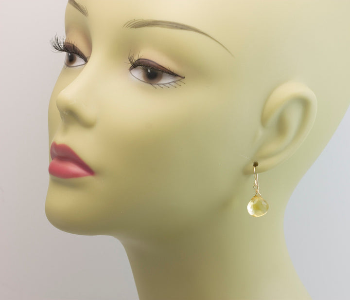 Natural Yellow Citrine Earrings faceted Heart Drop 14k solid gold or filled or Sterling Silver Spyglass Designs Simple Teardrops Lightweight