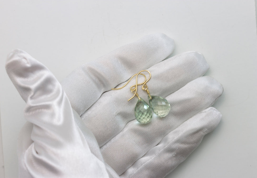 Green Amethyst Earrings Prasiolite Faceted AAA Briolette Teardrop 14k Solid Gold or Filled or Sterling Silver Simply Daily Soft Green Drops