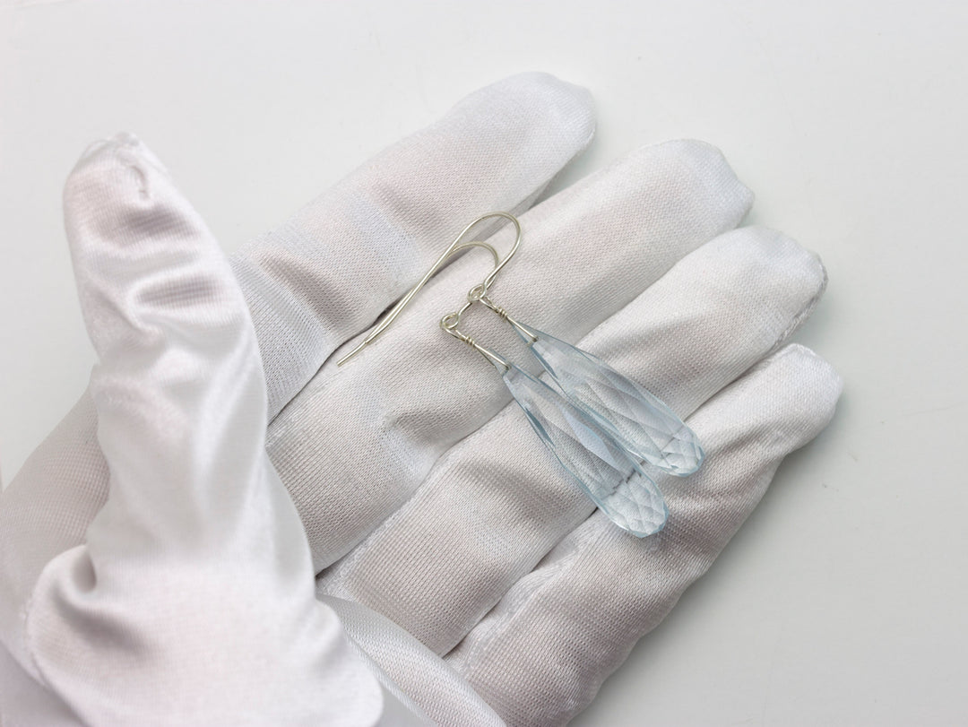 Aquamarine Earrings faceted Simulated Aqua Long Rounded Briolette  Dangle Teardrop Sterling Silver or 14k Solid Gold or Filled Soft Blue