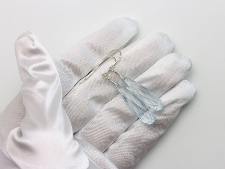 Aquamarine Earrings faceted Simulated Aqua Long Rounded Briolette  Dangle Teardrop Sterling Silver or 14k Solid Gold or Filled Soft Blue