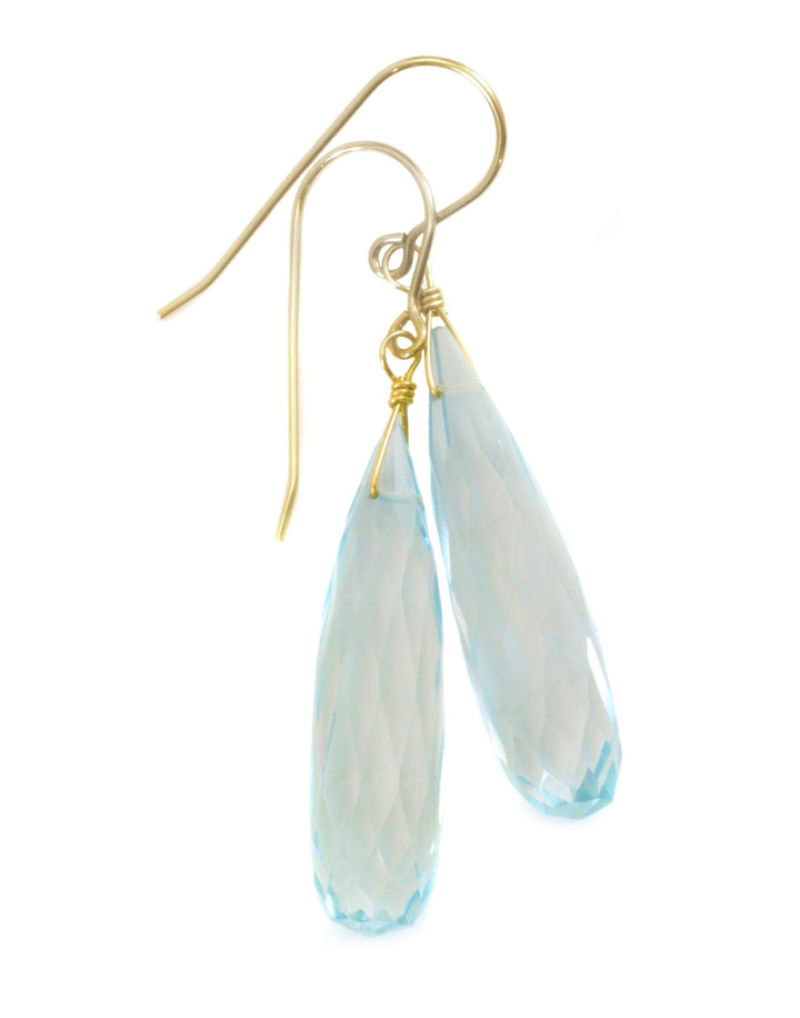 Aquamarine Earrings faceted Simulated Aqua Long Rounded Briolette  Dangle Teardrop Sterling Silver or 14k Solid Gold or Filled Soft Blue
