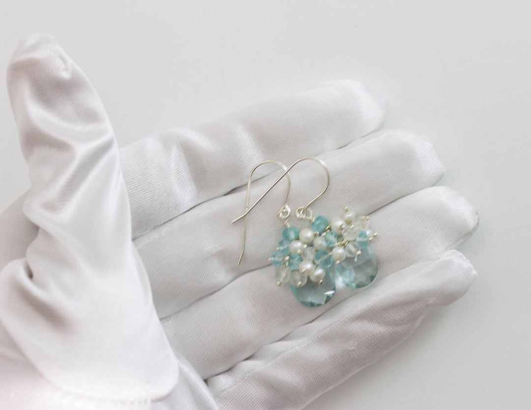 Cluster Earrings Sim Aquamarine faceted Teardrop and seed pearls 14k solid gold or filled or sterling silver pale blue quartz aquamarine