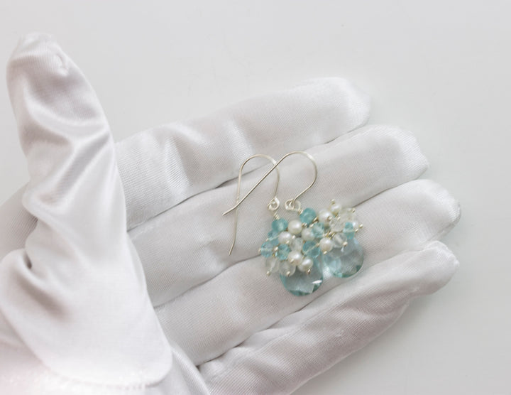 Cluster Earrings Sim Aquamarine faceted Teardrop and seed pearls 14k solid gold or filled or sterling silver pale blue quartz aquamarine