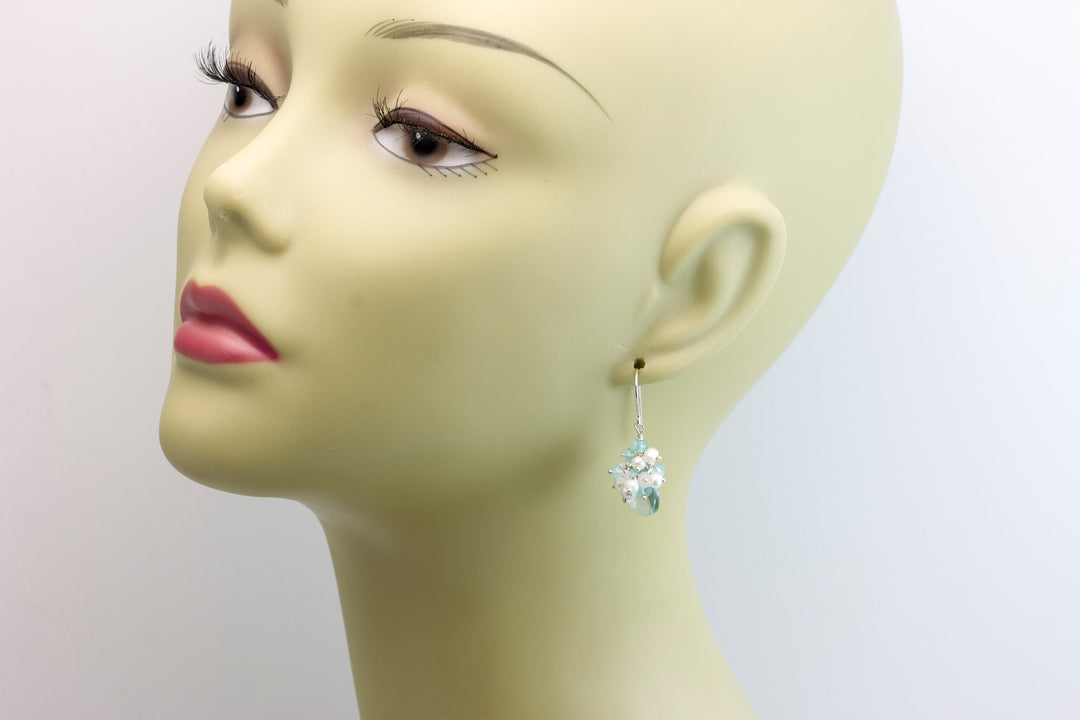 Cluster Earrings Sim Aquamarine faceted Teardrop and seed pearls 14k solid gold or filled or sterling silver pale blue quartz aquamarine