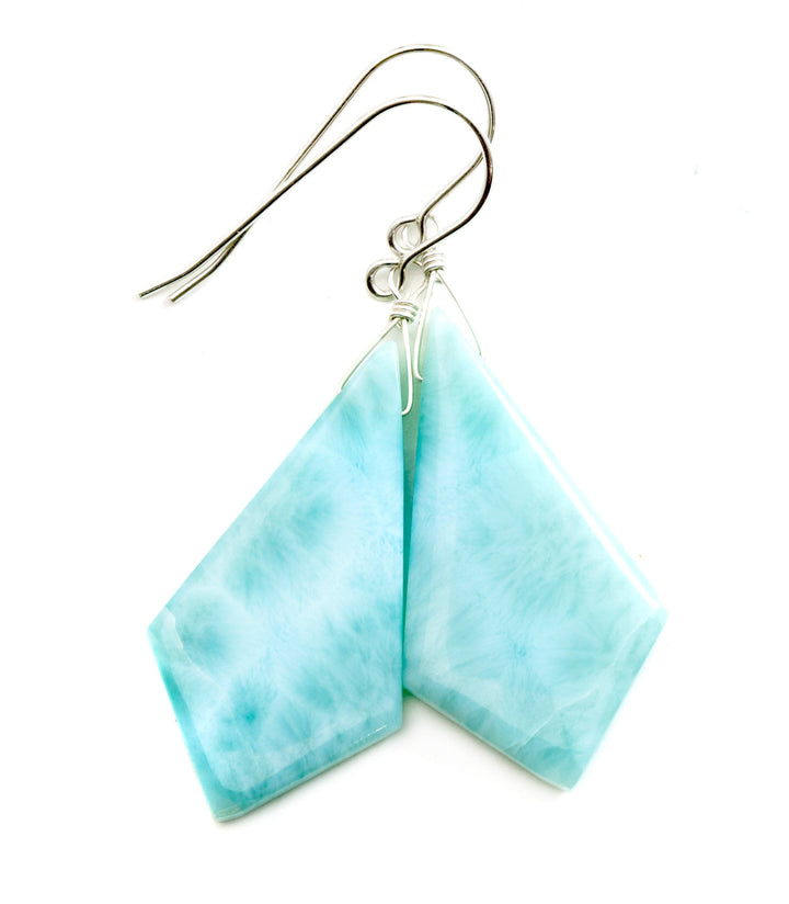 Blue Larimar Earrings Natural Long Triangle Teardrops Smooth Drop 14k Solid Gold or Filled or Sterling Silver Drops Baby Blue Simple 1.8 In