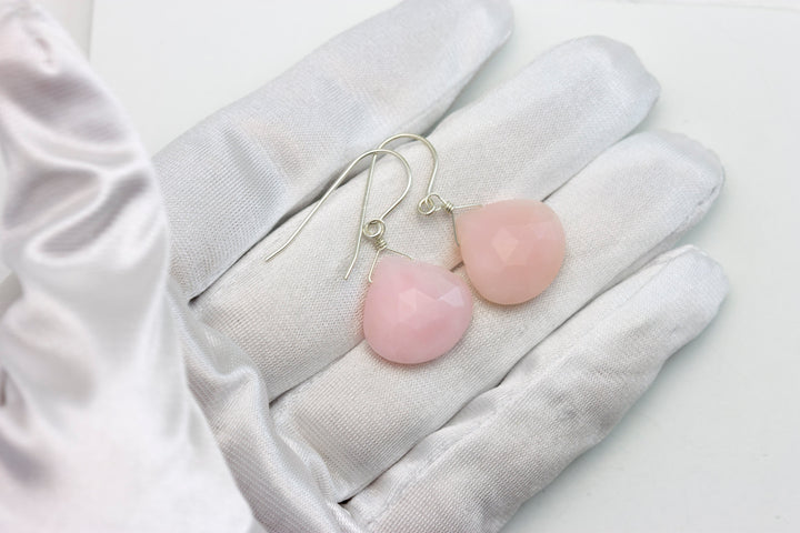 Pink Peruvian Opal Earrings Large Faceted Heart Teardrops 14k Solid Gold or Filled or Sterling Silver Simple Soft Pink Opals Earthy
