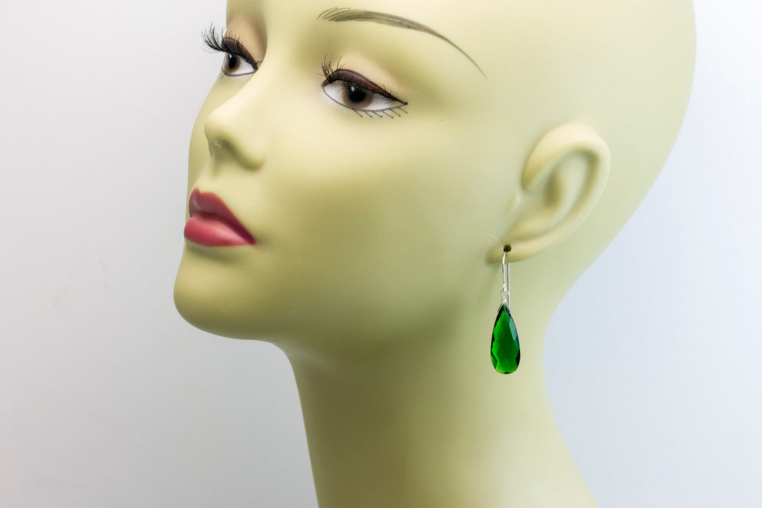 Emerald Green Earrings Faceted Simulated Emerald Pear Long Teardrop Drop Dangles Sterling Silver or 14k Solid Yellow Gold or Filled Simple