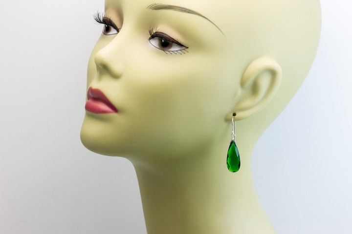 Emerald Green Earrings Faceted Simulated Emerald Pear Long Teardrop Drop Dangles Sterling Silver or 14k Solid Yellow Gold or Filled Simple