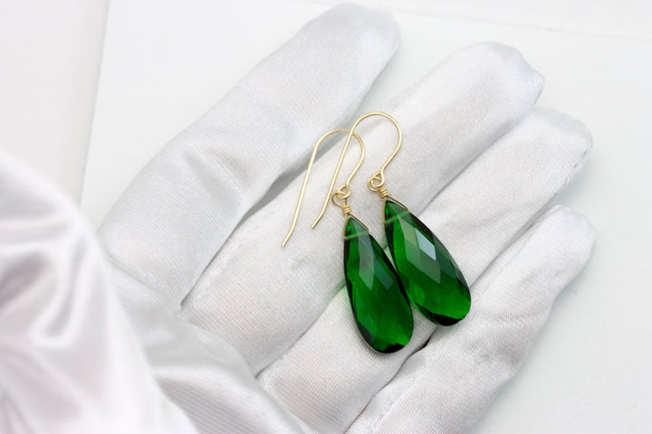 Emerald Green Earrings Faceted Simulated Emerald Pear Long Teardrop Drop Dangles Sterling Silver or 14k Solid Yellow Gold or Filled Simple