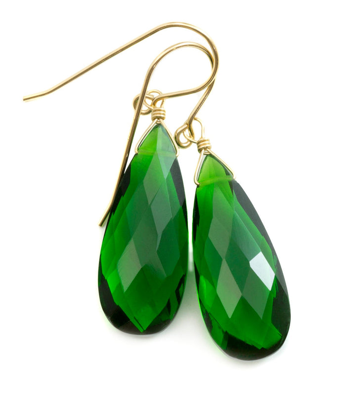 Emerald Green Earrings Faceted Simulated Emerald Pear Long Teardrop Drop Dangles Sterling Silver or 14k Solid Yellow Gold or Filled Simple