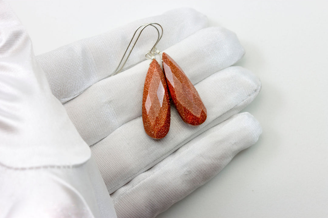 Goldstone Earrings Golden Sparkly long faceted Teardrop dangle drops Sterling Silver or 14k Solid Yellow Gold or filled Spyglass Designs