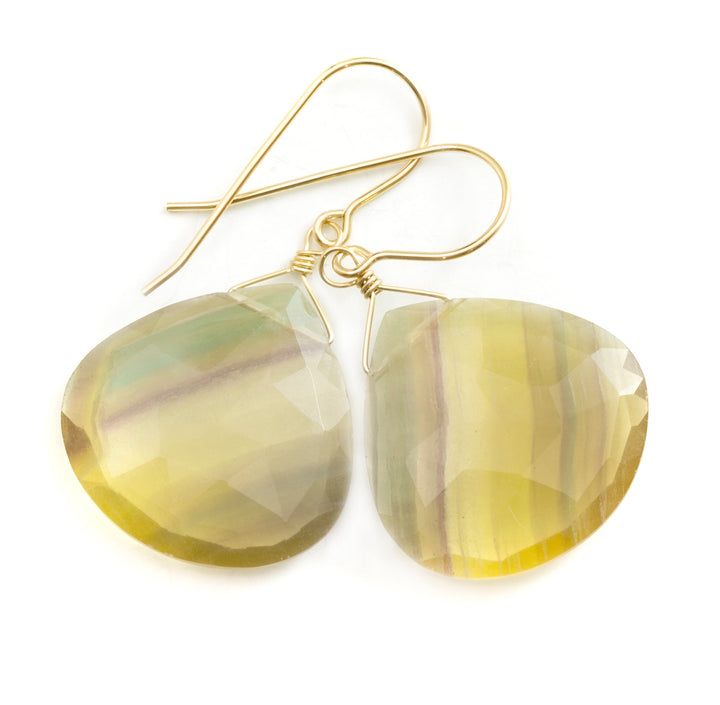 Fluorite Earrings Faceted Fat Heart Drop 14k solid gold or filled or Sterling silver Flourite Natural Yellow Amber Green Striped Unique Drop