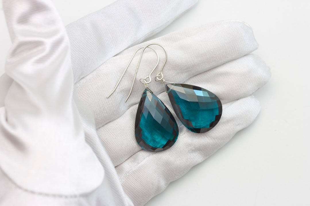 London Blue  Sim Topaz Earrings Large Faceted Briolette  Drops Sterling Silver or 14k Solid Gold or Filled Simple Classic Topaz Hot Teal