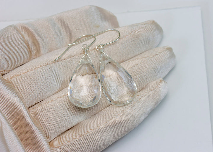 Crystal Clear Quartz Earrings Large Faceted Teardrop Drops 14k Solid Gold or Filled or Sterling Silver Natural Classic Basic Go To Drops