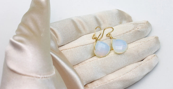 Opalite Earrings Faceted Heart Briolette Shaped AAA Teardrops 14k Solid Gold or Filled or Sterling Silver iridescent colors simple drops - Spyglass Designs