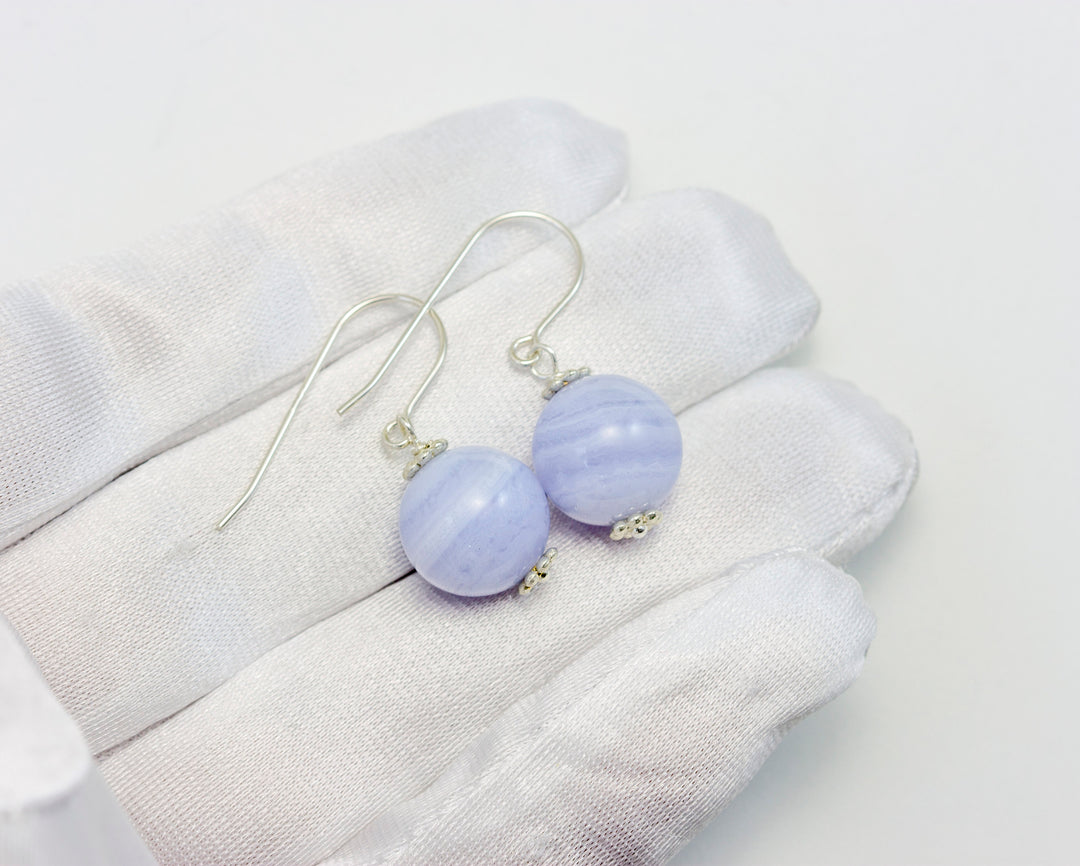 Blue Lace Agate Earrings AAA Natural Round Smooth Drop Beaded Accents Sterling Silver or 14k Solid Gold or Filled Pale Blue Ribbon Banding