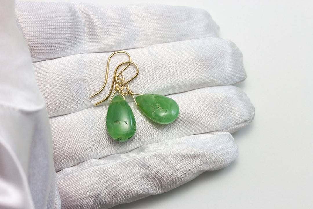 Green Chrysoprase Earrings Sterling Silver or 14k Solid Gold or Filled Smooth Pear Briolette Teardrops Simple Natural Raw Apple Green  Drops