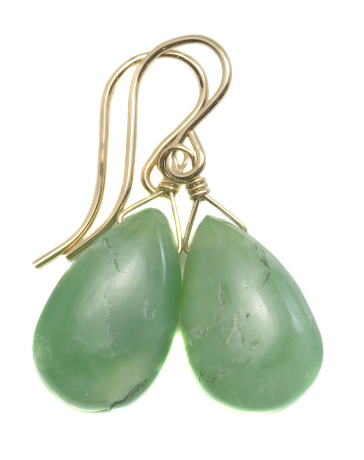 Green Chrysoprase Earrings Sterling Silver or 14k Solid Gold or Filled Smooth Pear Briolette Teardrops Simple Natural Raw Apple Green  Drops