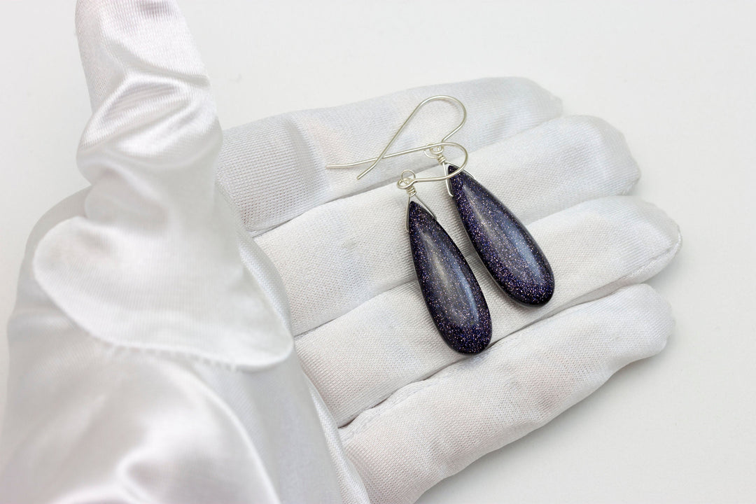 Goldstone Earrings Blue Sparkly long smooth Teardrops dangle drops Sterling Silver or 14k Solid Yellow Gold or filled Spyglass Designs