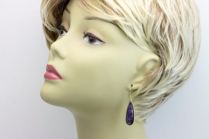 Goldstone Earrings Blue Sparkly long smooth Teardrops dangle drops Sterling Silver or 14k Solid Yellow Gold or filled Spyglass Designs