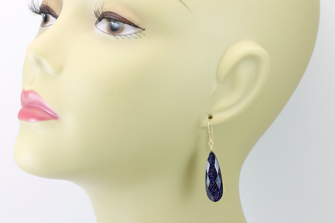 Goldstone Earrings Blue Sparkly long faceted Teardrops dangle drops Sterling Silver or 14k Solid Yellow Gold or filled Spyglass Designs
