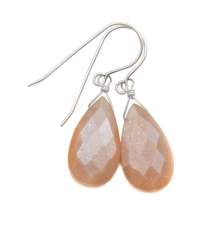 Peach Moonstone Earrings Sterling Silver or 14k solid Gold or Filled Faceted Pear Teardrops  Everyday Peachy Pink Shimmery Natural Drops