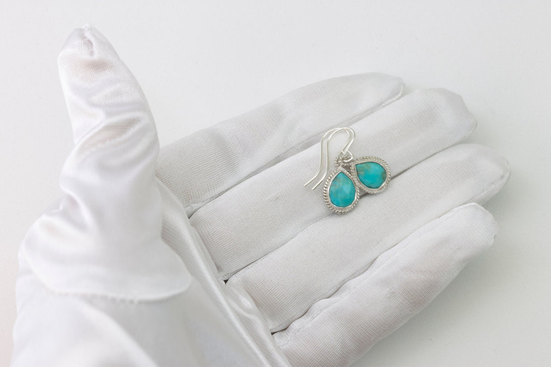 Turquoise Earrings Natural Blue Fancy Bezel Small Dainty Lightweight 14k solid yellow gold or filled or Sterling Silver Simple Drops 1 Inch