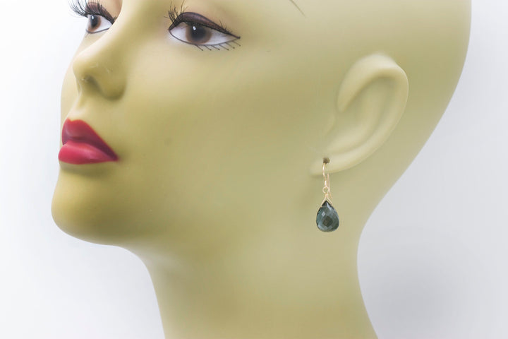 Smokey London Blue Gray Earrings Faceted Rounded Briolette teardrop Sim Smoky topaz  terling Silver or 14k Solid Gold or Filled Simple Drops