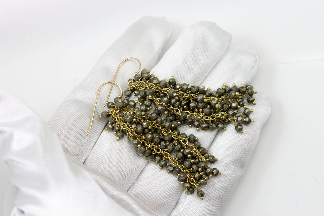 Natural Pyrite Earrings 14k solid gold or filled 2 Inches Long Natural dense cluster stones faceted Teardrops Simple Earthy Neutral