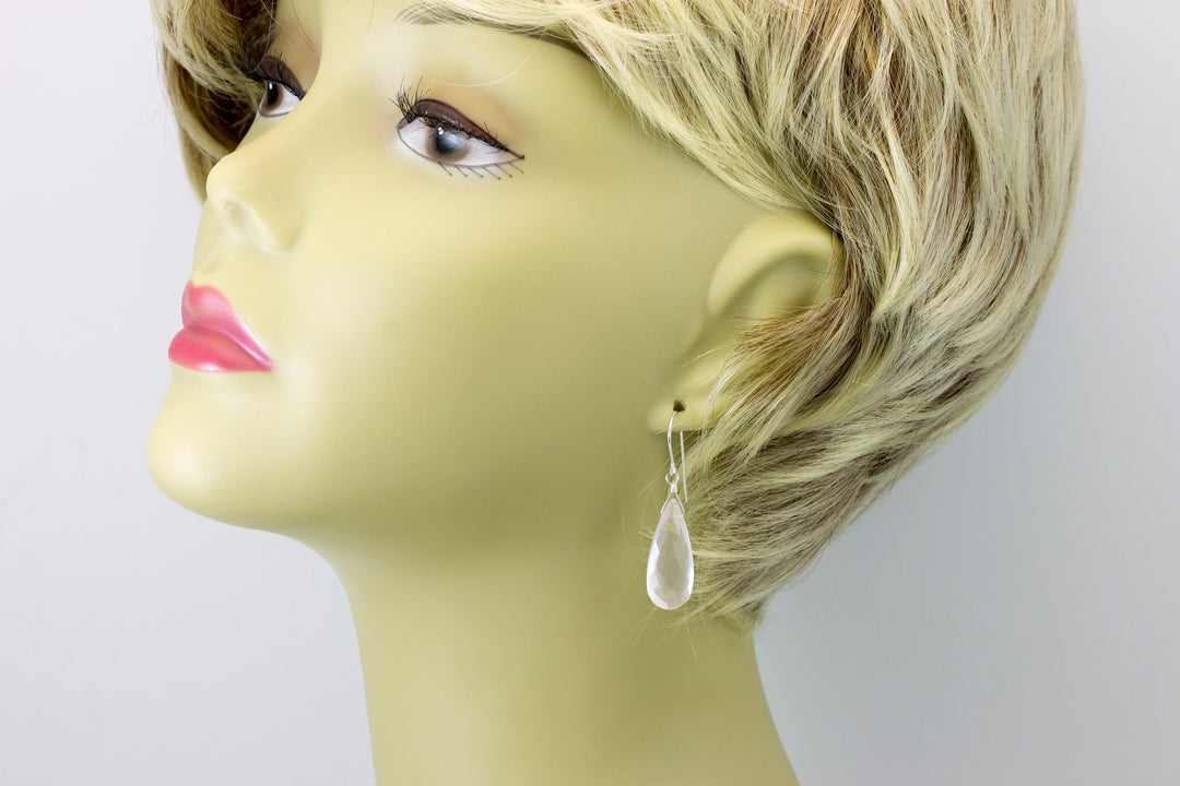 Rose Quartz Earrings Long Soft Pink Faceted Pear Long Teardrop Dangle Sterling Silver or 14k Solid Yellow Gold or Filled Natural Classic