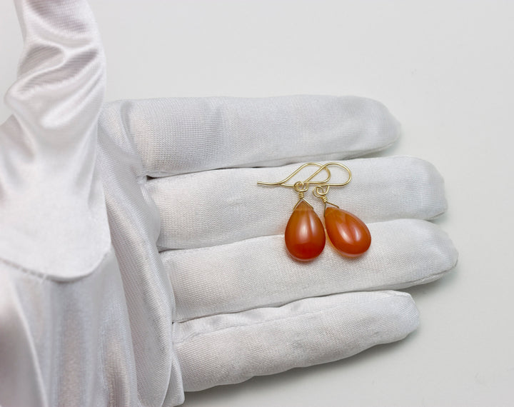 Carnelian Earrings Smooth Pear Orange Chalcedony AAA Teardrops 14k Solid Gold or Filled or Sterling Silver Natural Rich Earthy Simple Drops