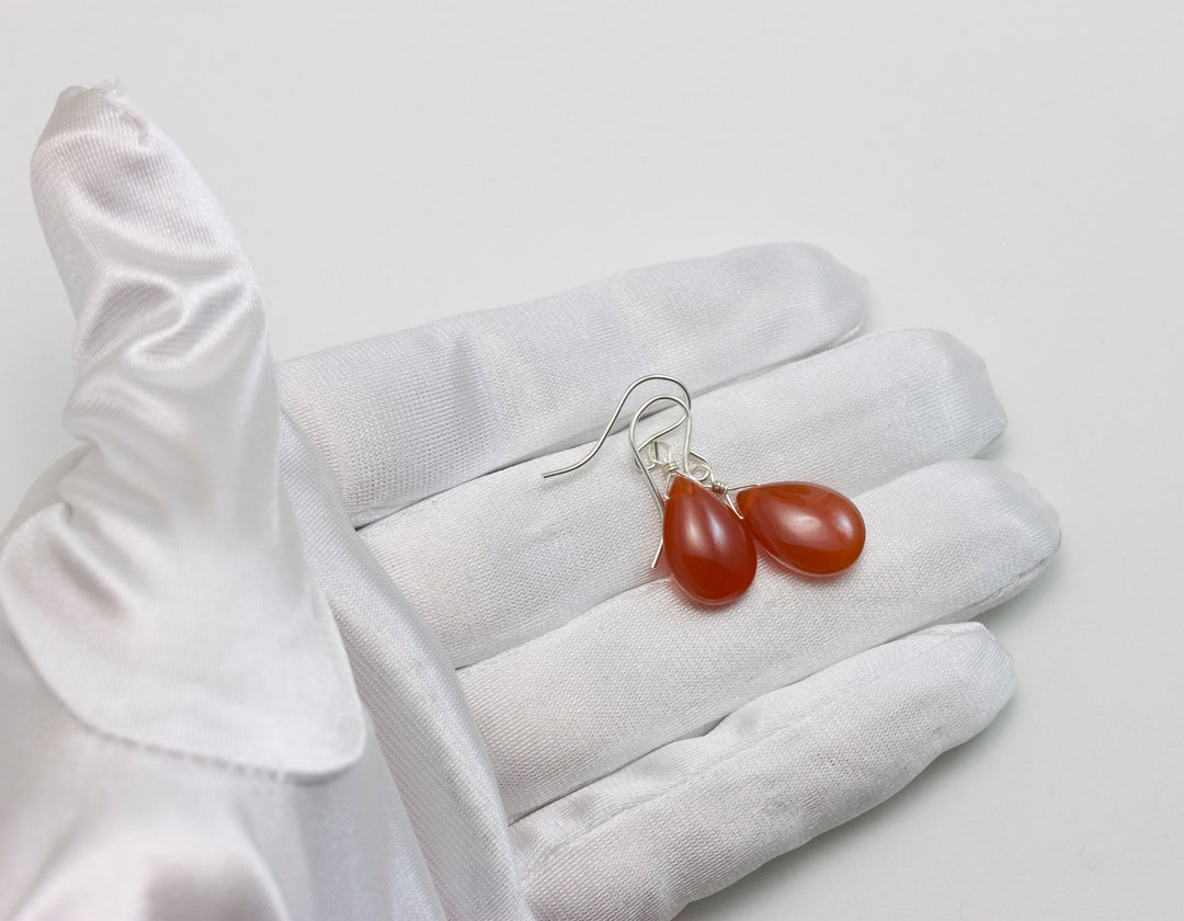 Carnelian Earrings Smooth Pear Orange Chalcedony AAA Teardrops 14k Solid Gold or Filled or Sterling Silver Natural Rich Earthy Simple Drops