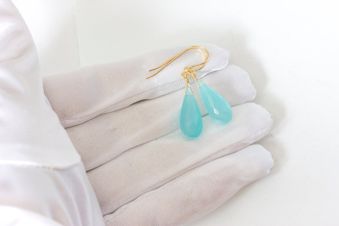 Aqua Blue Chalcedony Earrings 14k Solid Gold or Filled or Sterling Silver Long Teardrop Micro Facet Natural Briolettes Rounded Simple Drops