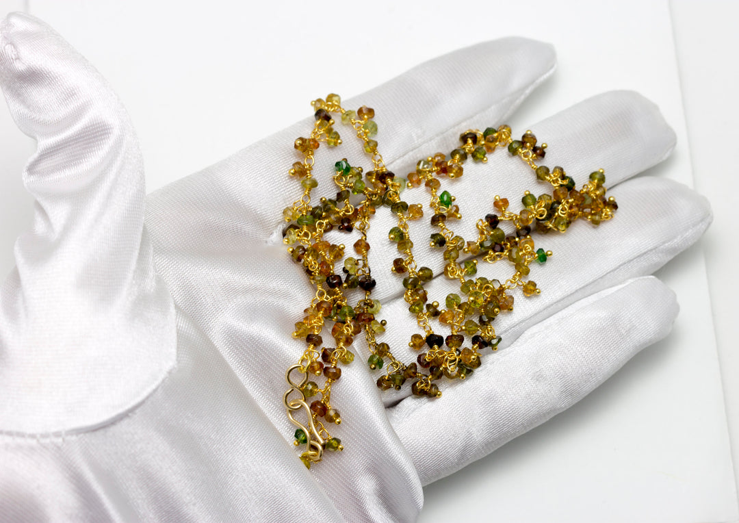 Tourmaline Necklace Brown Amber Green Faceted Cluster Chain Link  Beaded 14k gold fill  18 19 Inches Beaded Rondelle Clusters