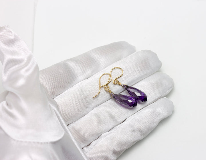 Amethyst Purple Cubic Zirconia Earrings Long Micro Faceted Rounded Teardrops Briolette AAA CZ Sterling Silver or 14k Solid Gold or Filled