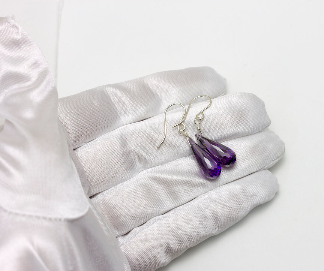 Amethyst Purple Cubic Zirconia Earrings Long Micro Faceted Rounded Teardrops Briolette AAA CZ Sterling Silver or 14k Solid Gold or Filled