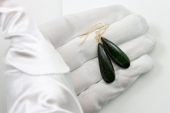Goldstone Earrings Green Sparkly long smooth Teardrops dangle drops Sterling Silver or 14k Solid Yellow Gold or filled Spyglass Designs