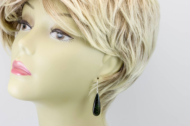 Goldstone Earrings Green Sparkly long smooth Teardrops dangle drops Sterling Silver or 14k Solid Yellow Gold or filled Spyglass Designs
