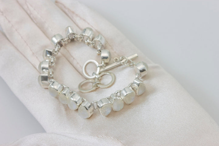 Moonstone Bracelet Bezel Set Sterling Silver Smooth Rainbow 7 to 7 3/4 Inches Natural Rainbow Blue Flash Adjustable Toggle Clasp Pear Shape