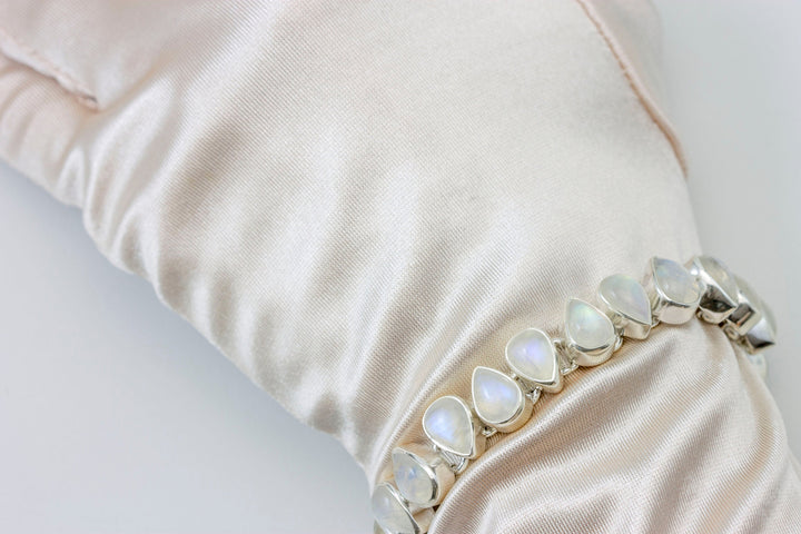 Moonstone Bracelet Bezel Set Sterling Silver Smooth Rainbow 7 to 7 3/4 Inches Natural Rainbow Blue Flash Adjustable Toggle Clasp Pear Shape
