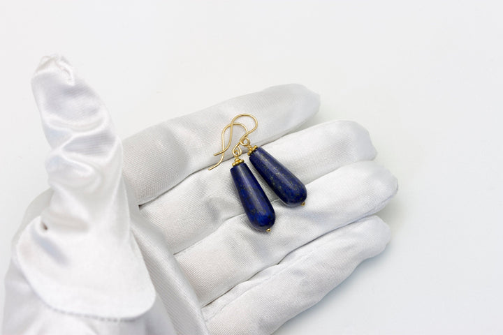 Blue Lapis Lazuli Earrings Long Rounded Drops Natural Sterling Silver or 14k Gold Filled Natural Teardrops Simple Daily Wear Pyrite Flecks